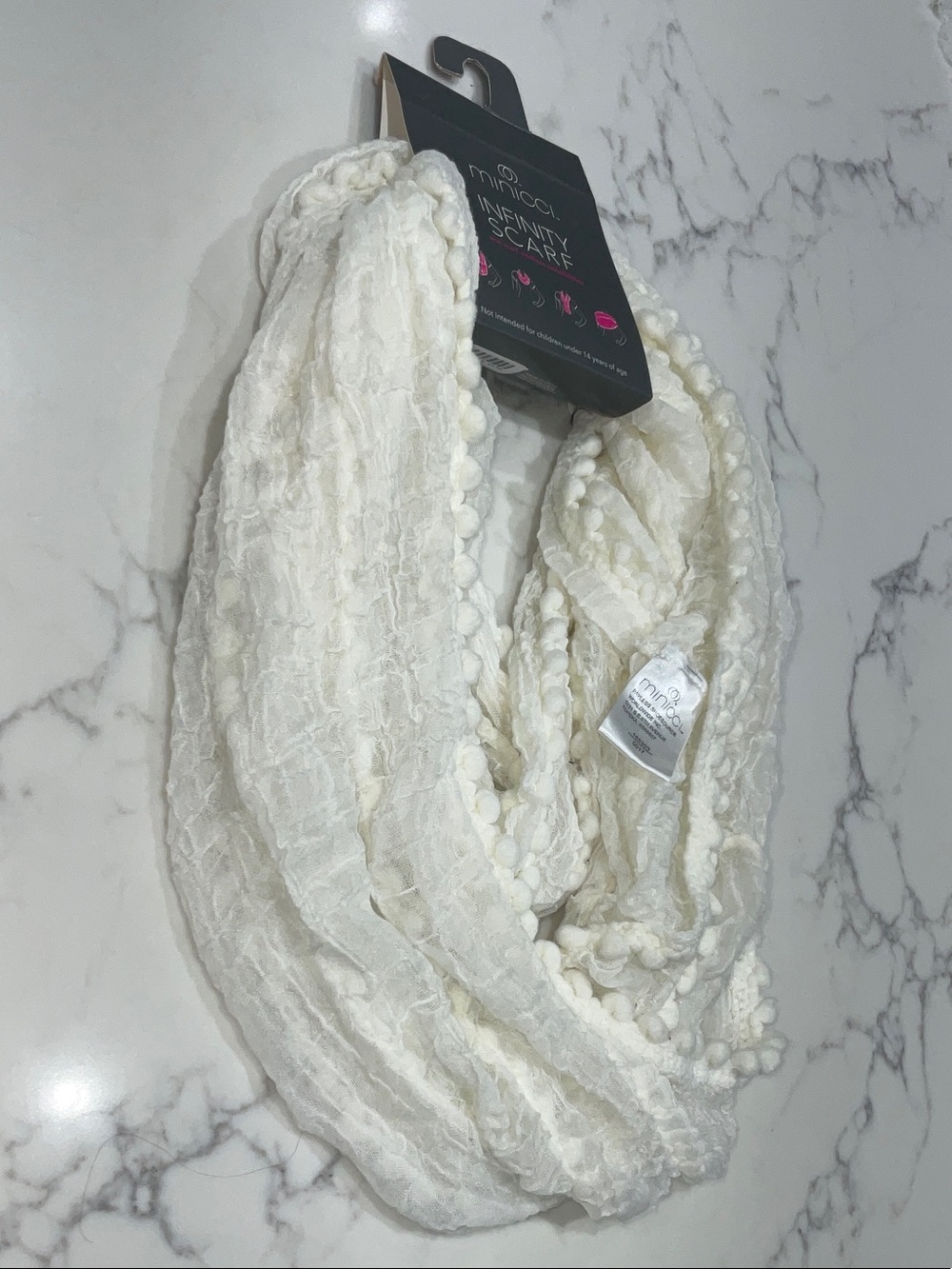 Minicci Cream Infinity Scarf with Pom-Pom Trim